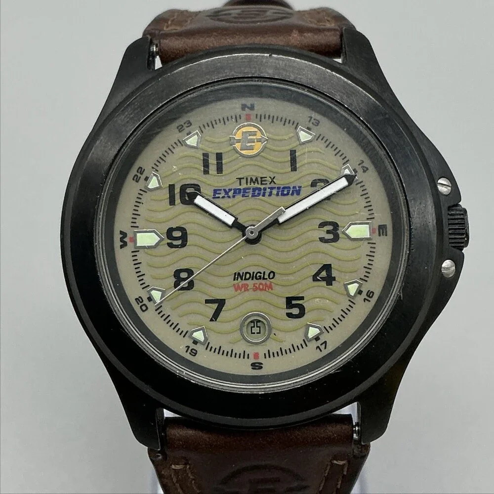 Timex Expedition Indiglo Mens Watch 40mm Beige Dial Date Leather New Battery